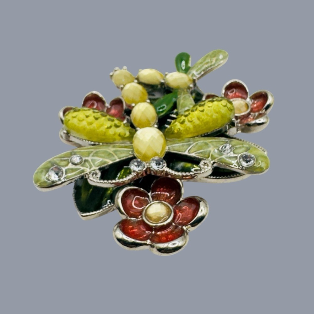 Vintage Multicolor Dragonfly Flowers Brooch Pin - 1980s - Picture 3 of 10